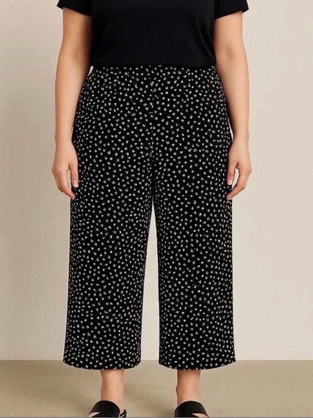 J. Jill Black Wide-Leg Pull-On Pants with White Dot Print